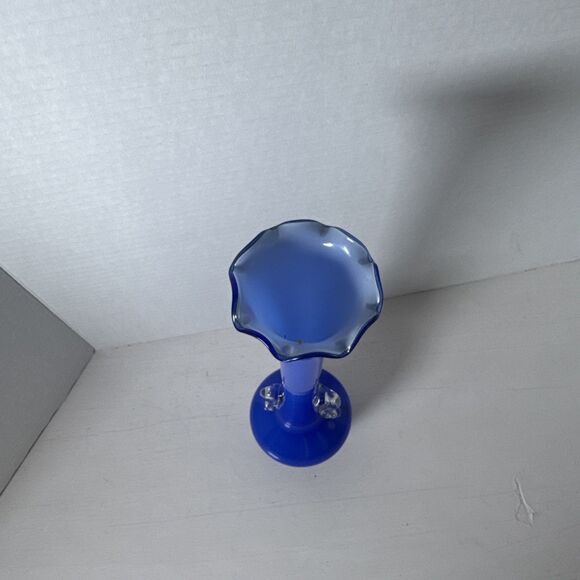 12” Tall 1950’s Handled Blue Glass Bud Vase Clear Handles White Interior - Picture 2 of 9